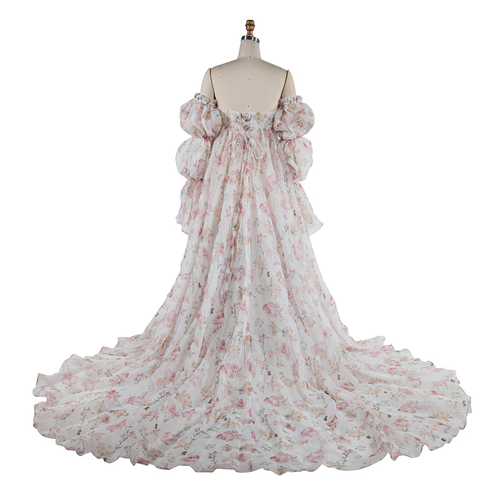 Back view of floral pink maternity dress for photoshoot with lace-up design and elegant silk organza fabric