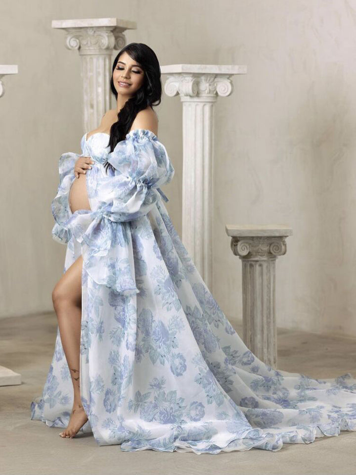Elegant floral maternity dress for photoshoot made of silk organza with lace-up back design for baby shower and pregnancy photography