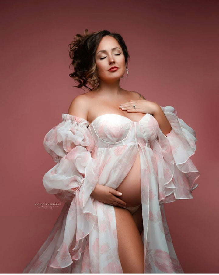 Elegant pink floral maternity dress for photoshoot made of silk organza with lace-up back design for baby shower and pregnancy photography