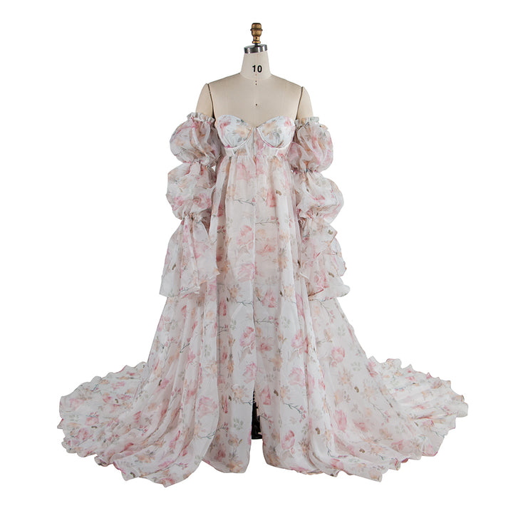 Romantic floral maternity dress for photoshoot styled in soft light for elegant pregnancy photography