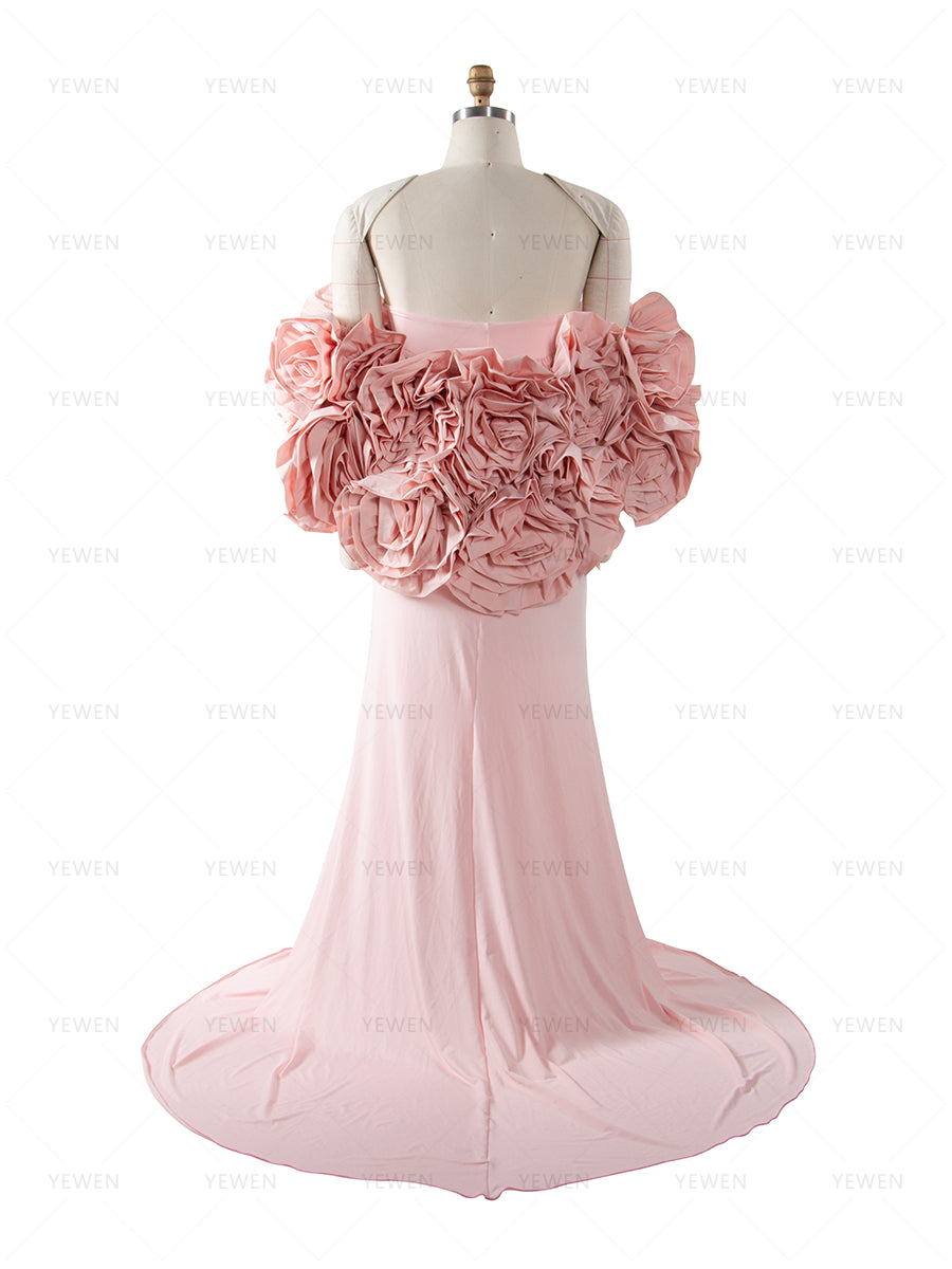 Elegant pink flower bridal cape styled in soft light for maternity photoshoot and romantic wedding photography