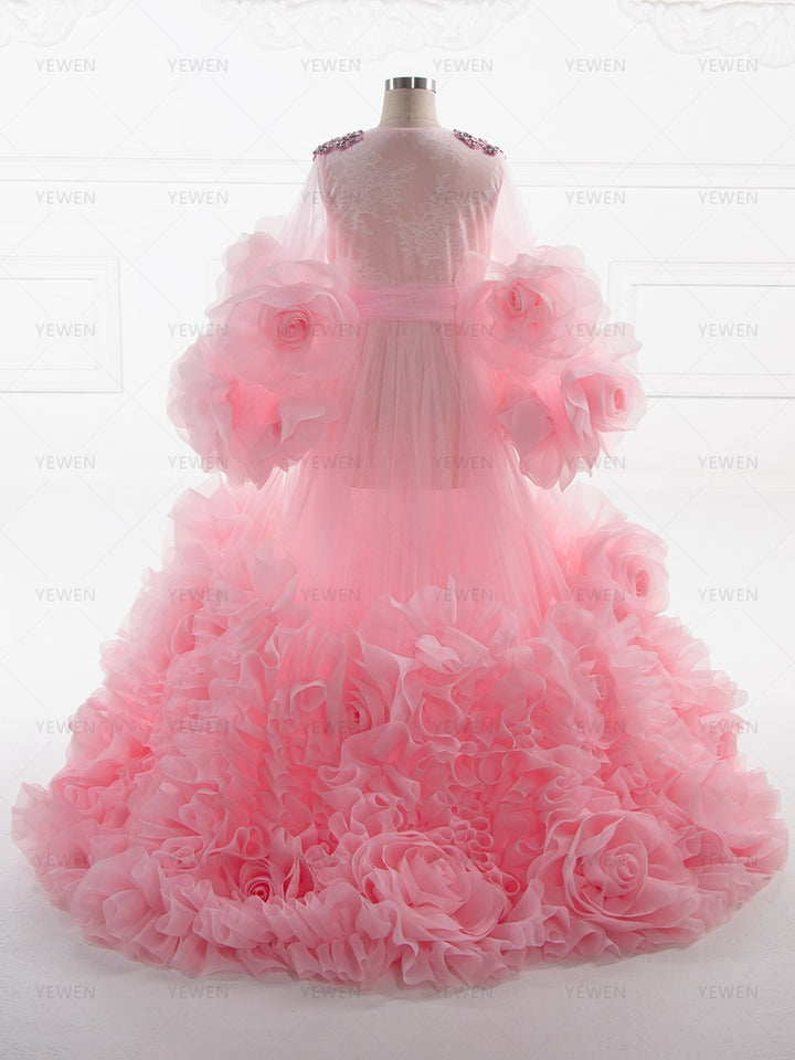 Back view of pink flower girl dress with organza details designed for birthday celebrations and photography sessions