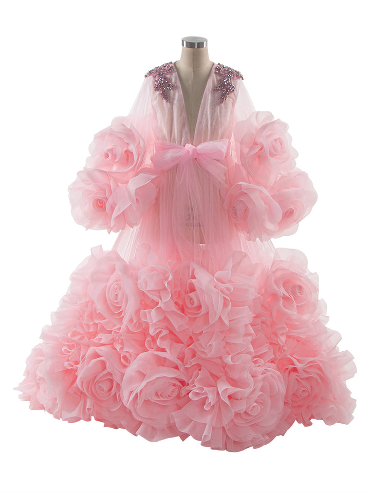 Elegant flower girl dress with pink organza and 3D flowers designed for birthday parties, princess events, and photo shooting
