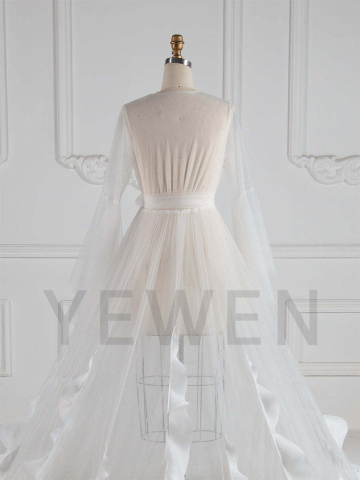 Back view of organza ruffles wedding dress designed for flower photo shoot dress styling and bridal shower robe