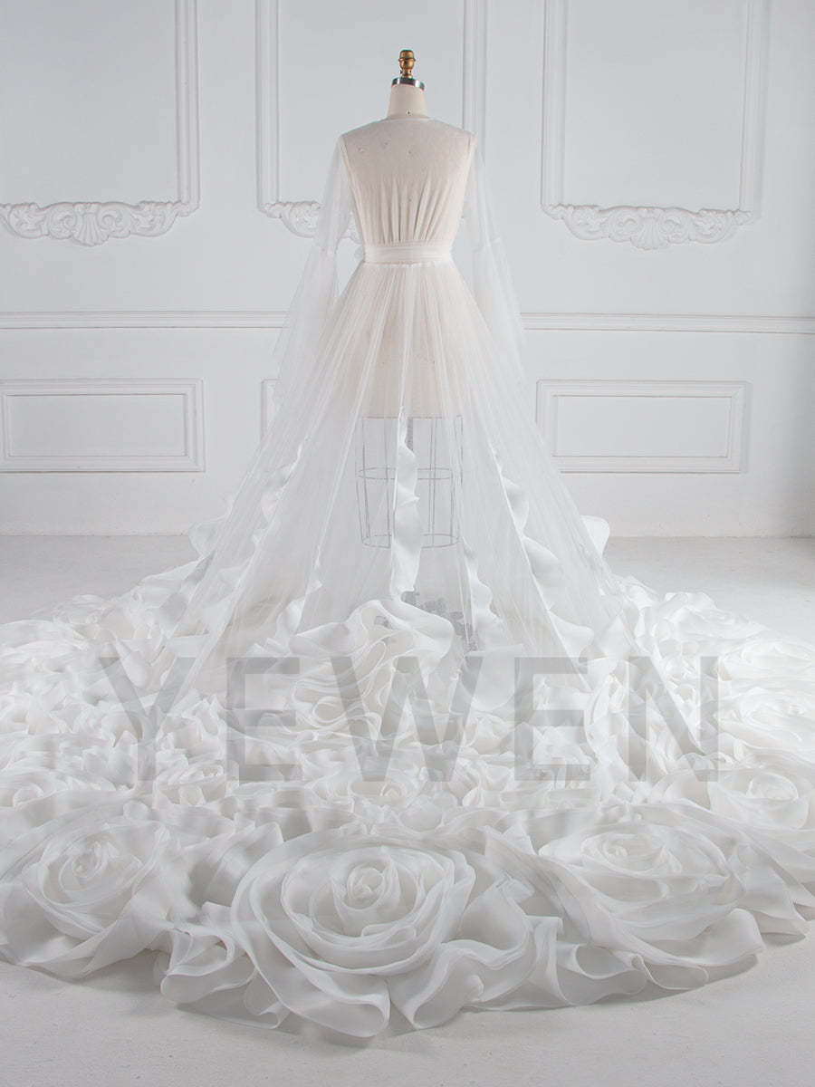 Back view of organza ruffles wedding dress designed for flower photo shoot dress styling and bridal shower robe