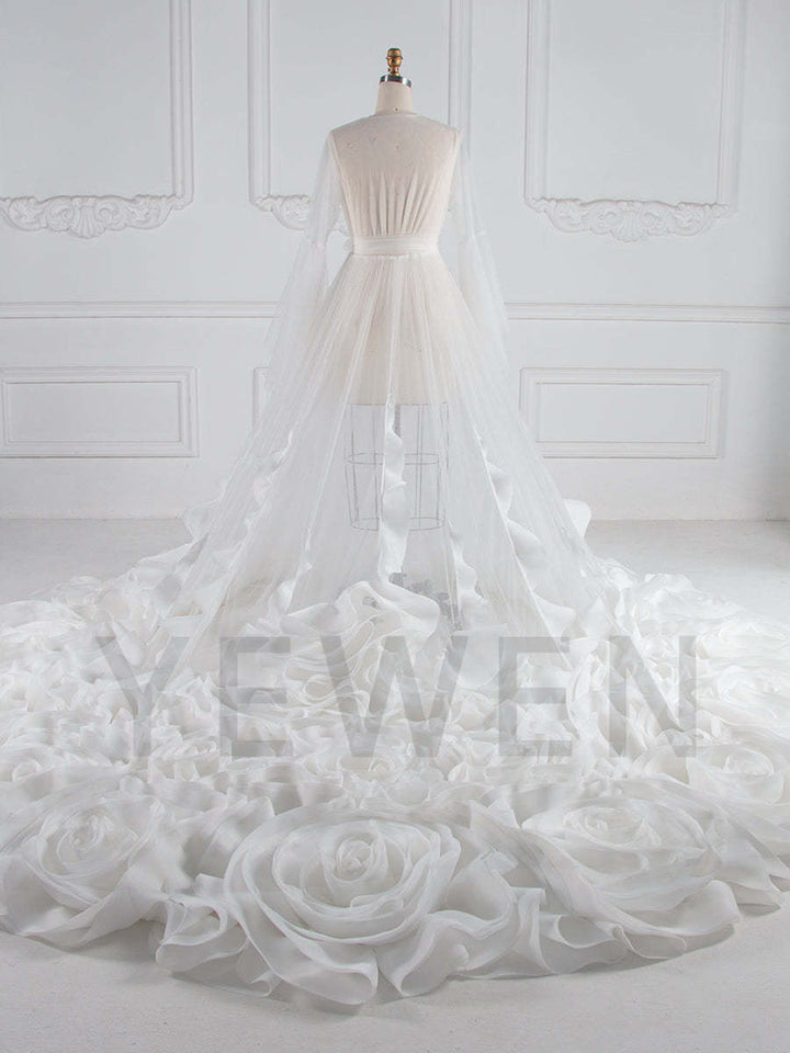 Back view of organza ruffles wedding dress designed for flower photo shoot dress styling and bridal shower robe
