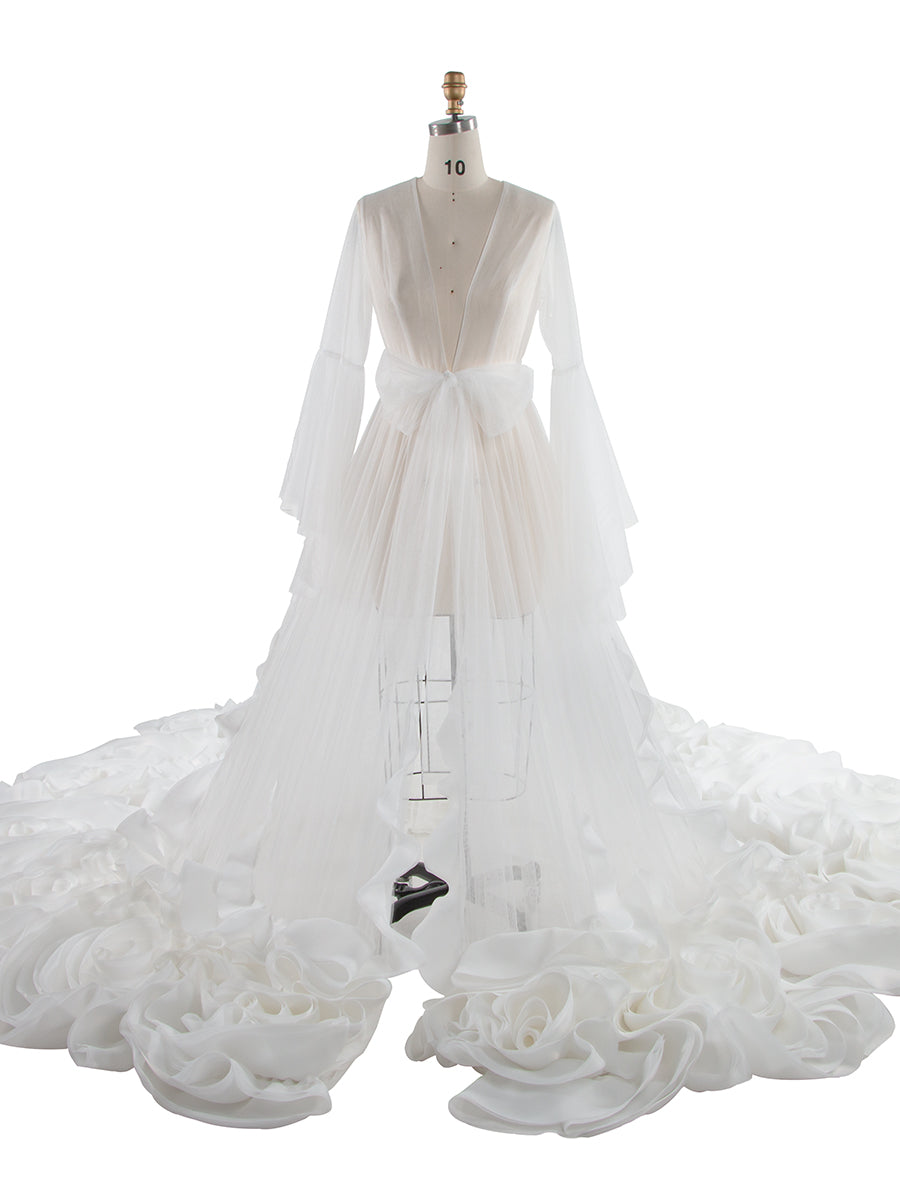 Elegant organza ruffles wedding dress designed as a flower photo shoot dress with long train for bridal shower and photography props