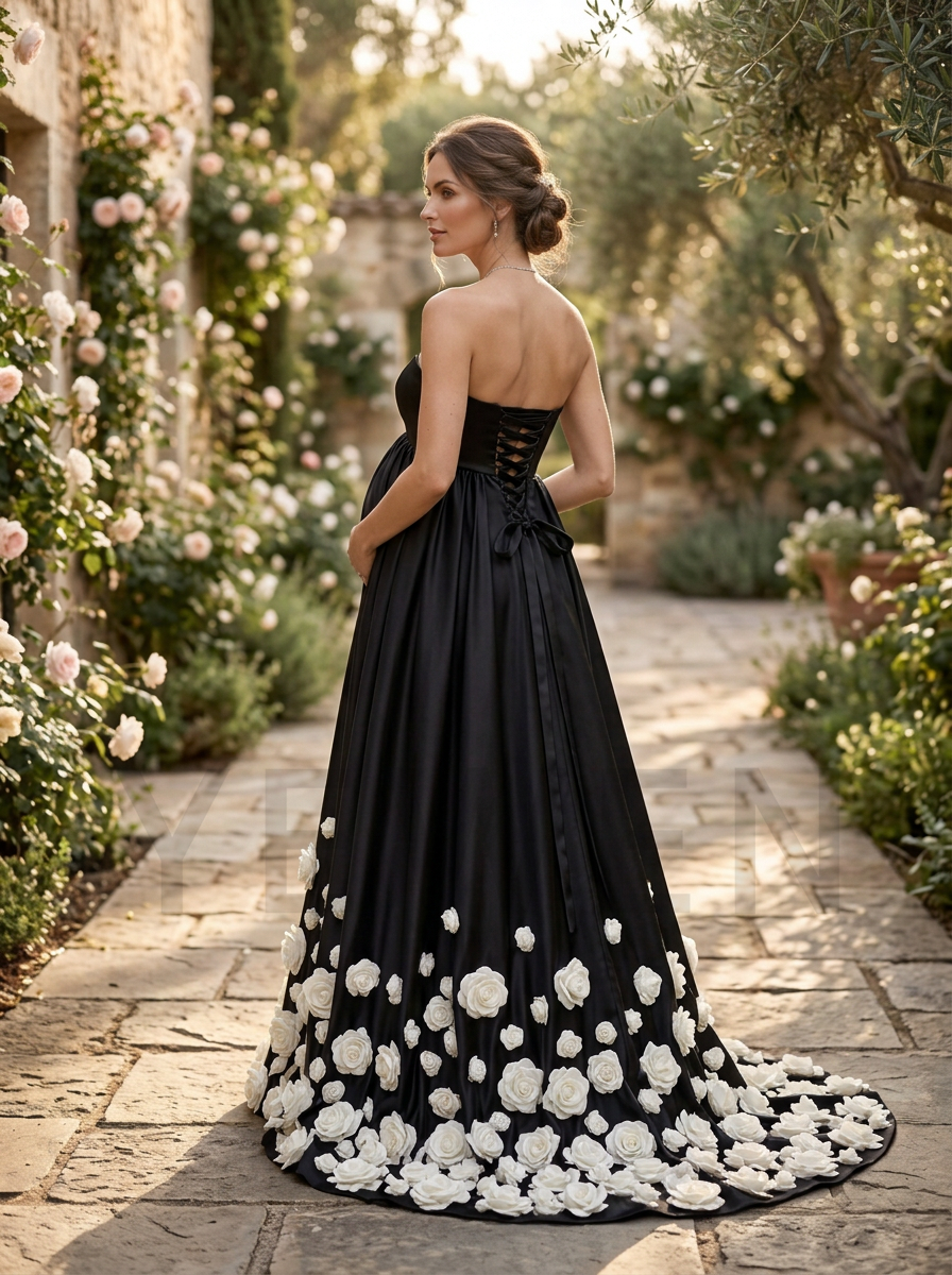 A woman stands on a stone garden path wearing a strapless black gown with a corset-style back and a dramatic train covered in large white floral appliqués. Roses and greenery line the walkway in a sunlit outdoor setting.