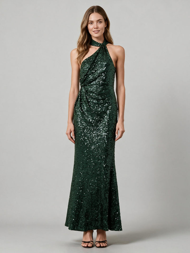 Green one-shoulder halter sequin fitted maxi dress for Christmas, front view.