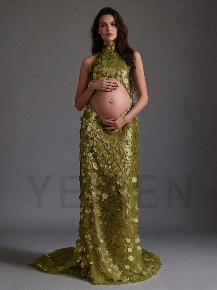 Olive green halter sequin maternity gown with cutout belly.