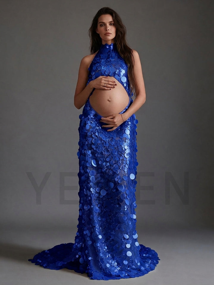 Picture blue halter cutout belly sequin maternity gown.