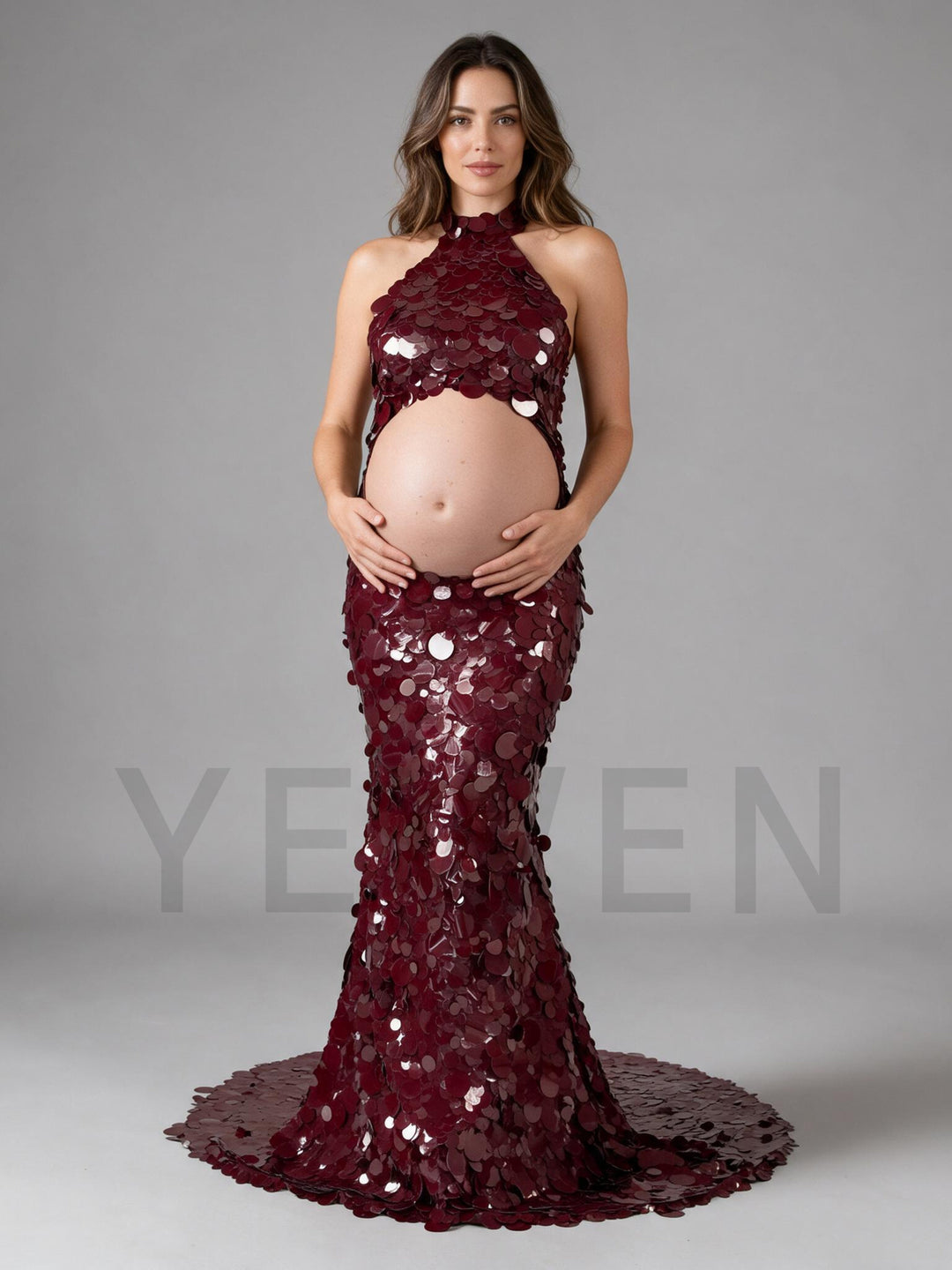 Picture burgundy halter sequin maternity gown with cutout belly.