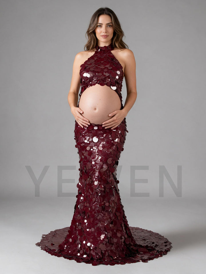 Picture burgundy halter sequin maternity gown with cutout belly.