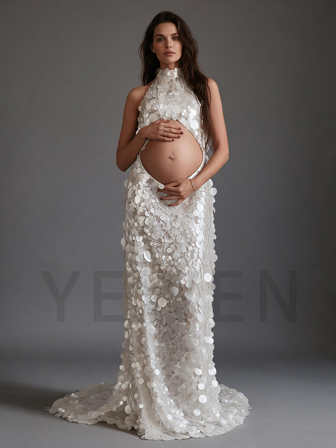 Picture crystal white halter sequin maternity gown for photoshoot.