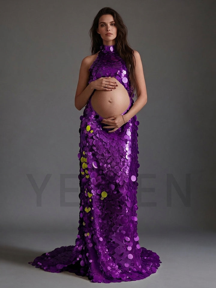 Picture deep magenta halter cutout belly sequin maternity gown.
