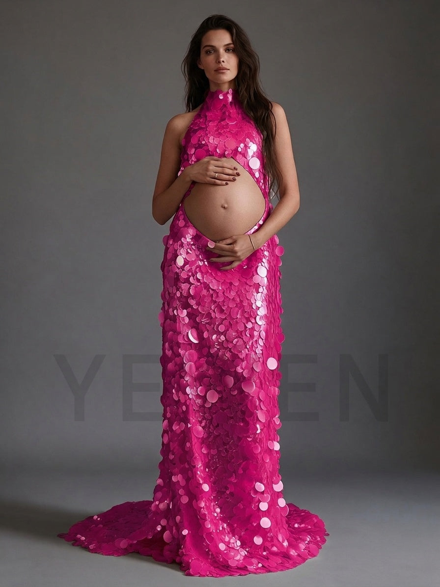 Picture magenta halter cutout belly sequin maternity gown.
