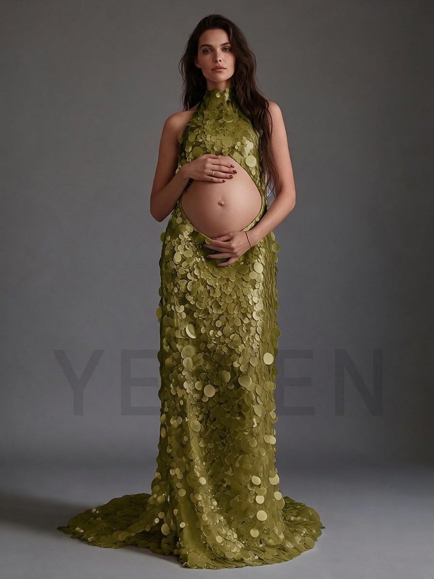 Picture olive green halter sequin maternity gown with cutout belly.