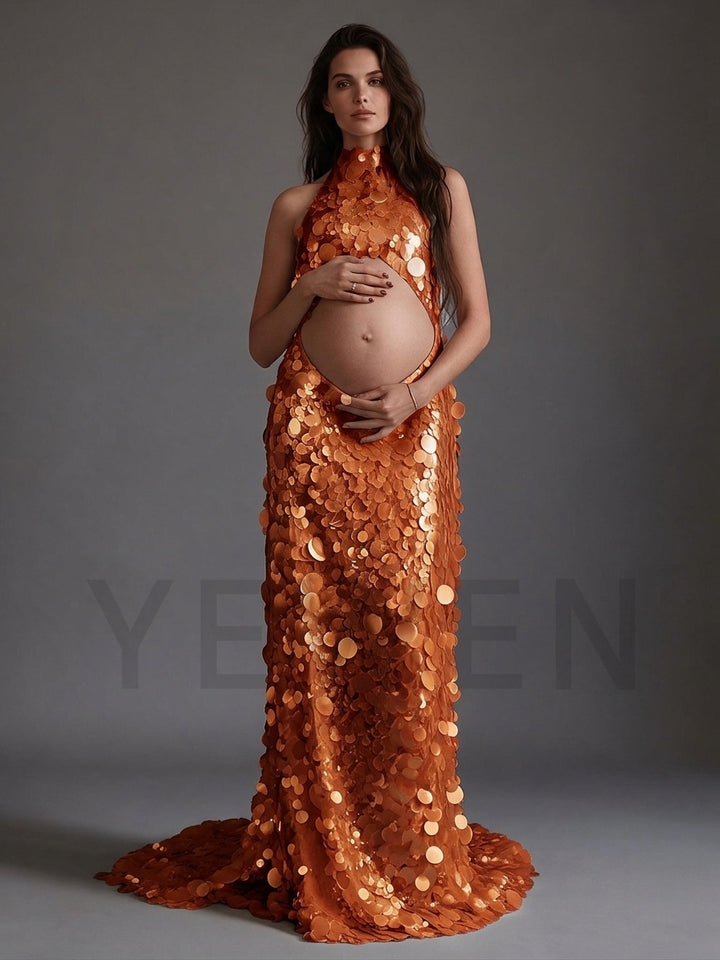 Picture orange halter sequin maternity gown for photoshoot.