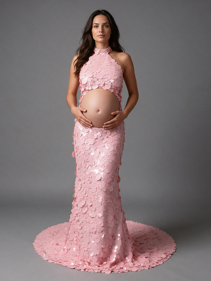 Picture pink halter cutout belly sequin maternity gown for photoshoot, front view.