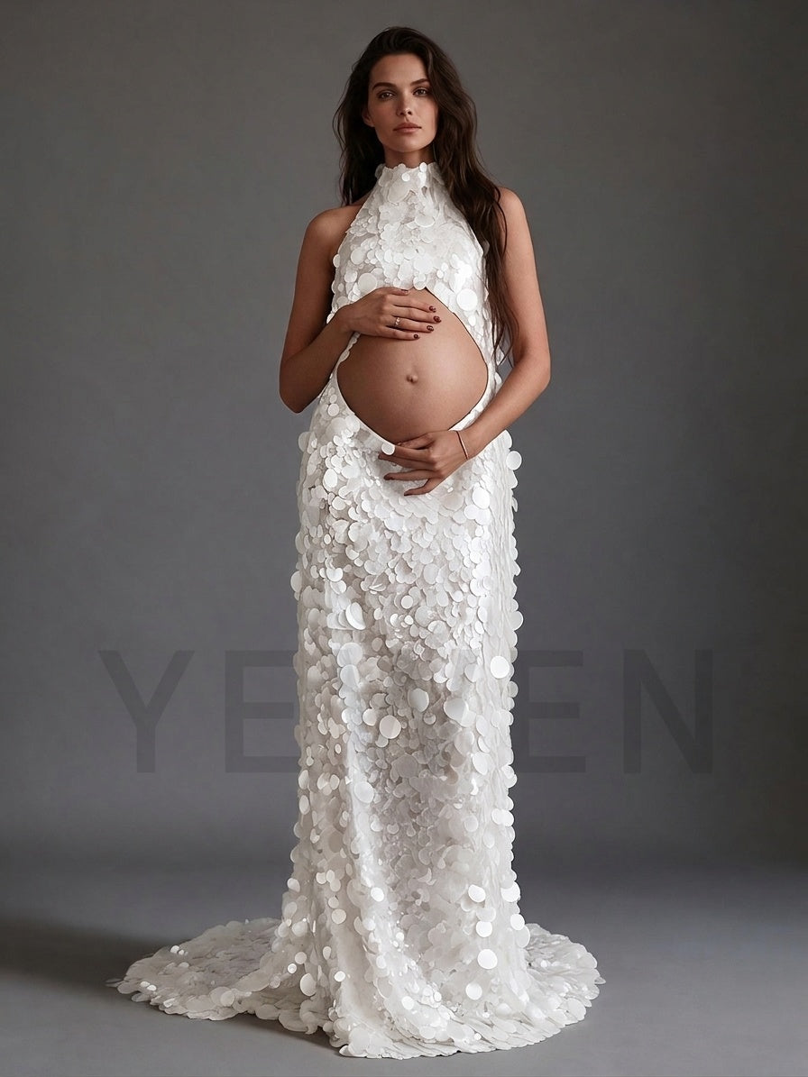 Picture white halter cutout belly sequin maternity gown.