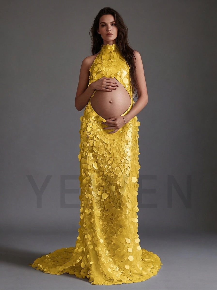 Picture yellow halter sequin maternity gown for photoshoot.