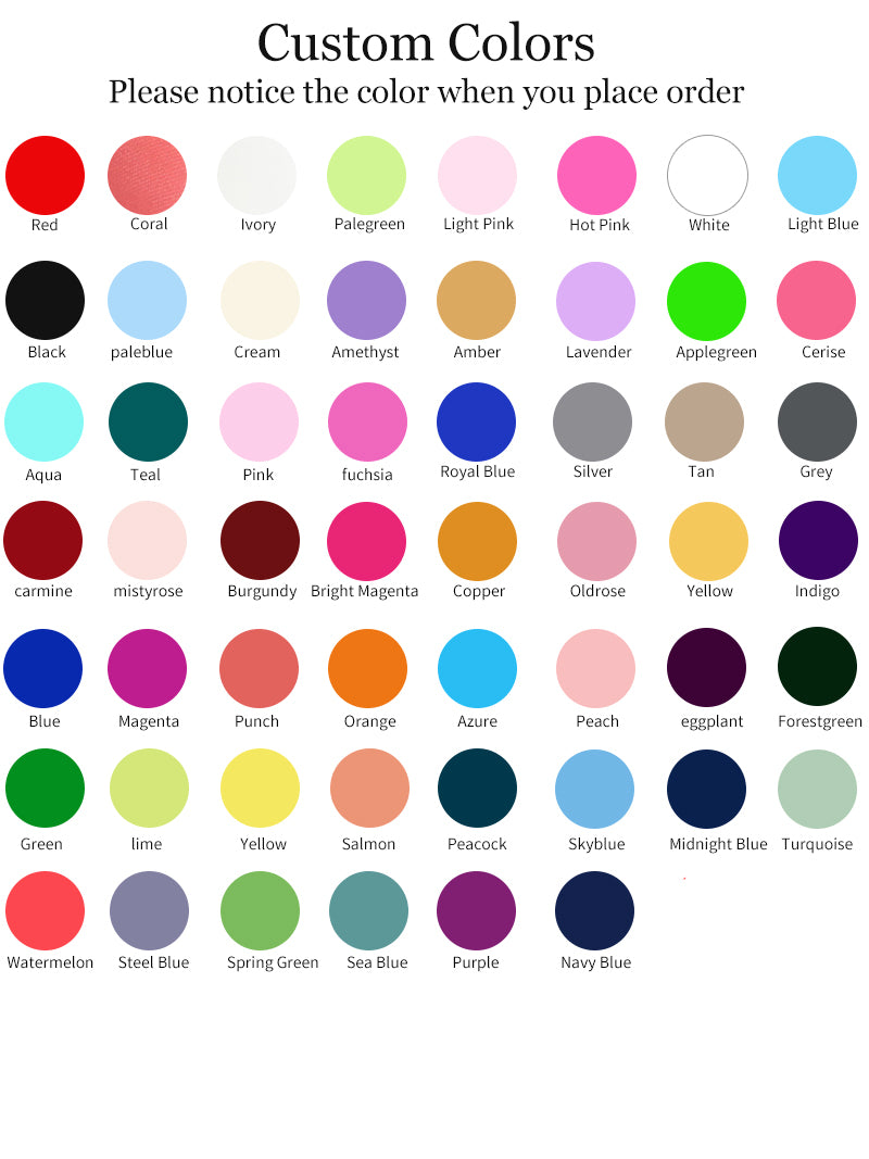 Custom color swatch chart for a halter neck maternity baby shower dress showing multiple color options.