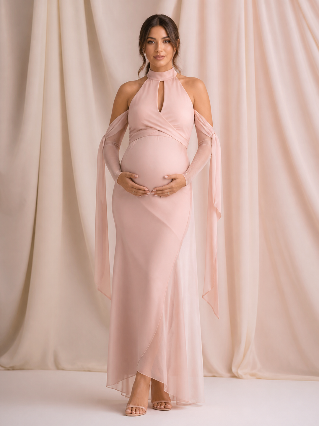 Blush Pink Halter Maternity Baby Shower Dress Maternity Maxi Dress ZX021