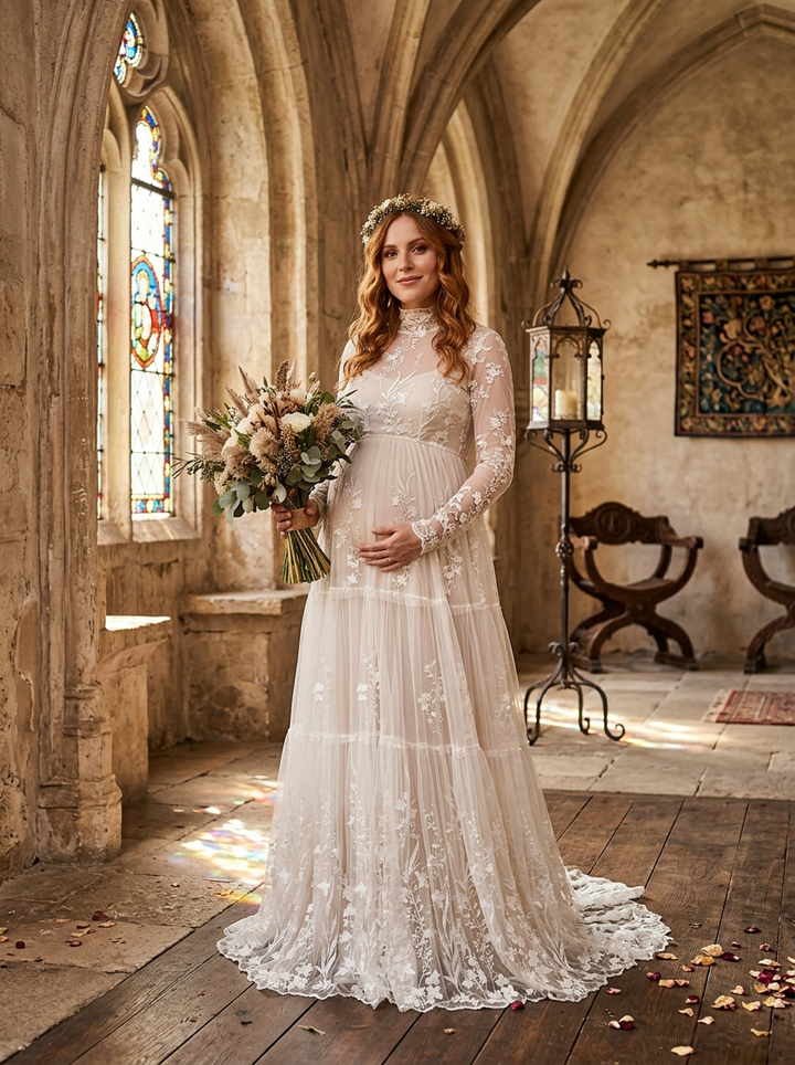 A pregnant woman wearing a long-sleeve lace wedding gown stands in a stone church hall, holding a bouquet of flowers. The dress has a high neck, fitted bodice, and a tiered tulle skirt with floral lace applique.