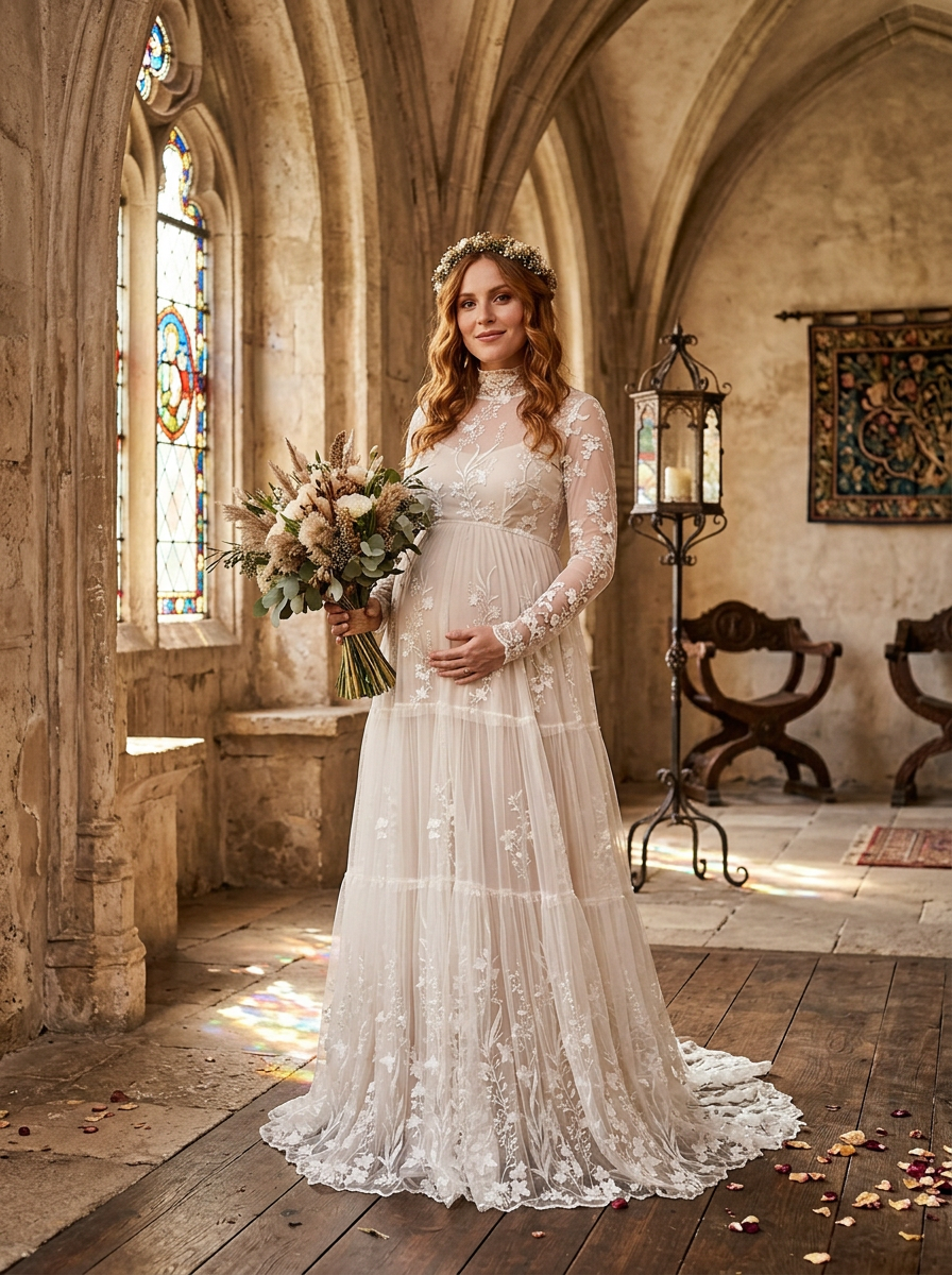 Boho Lace Maternity Wedding Dress Long Sleeve High Neck Bridal Gown 4-6 / Picture Color