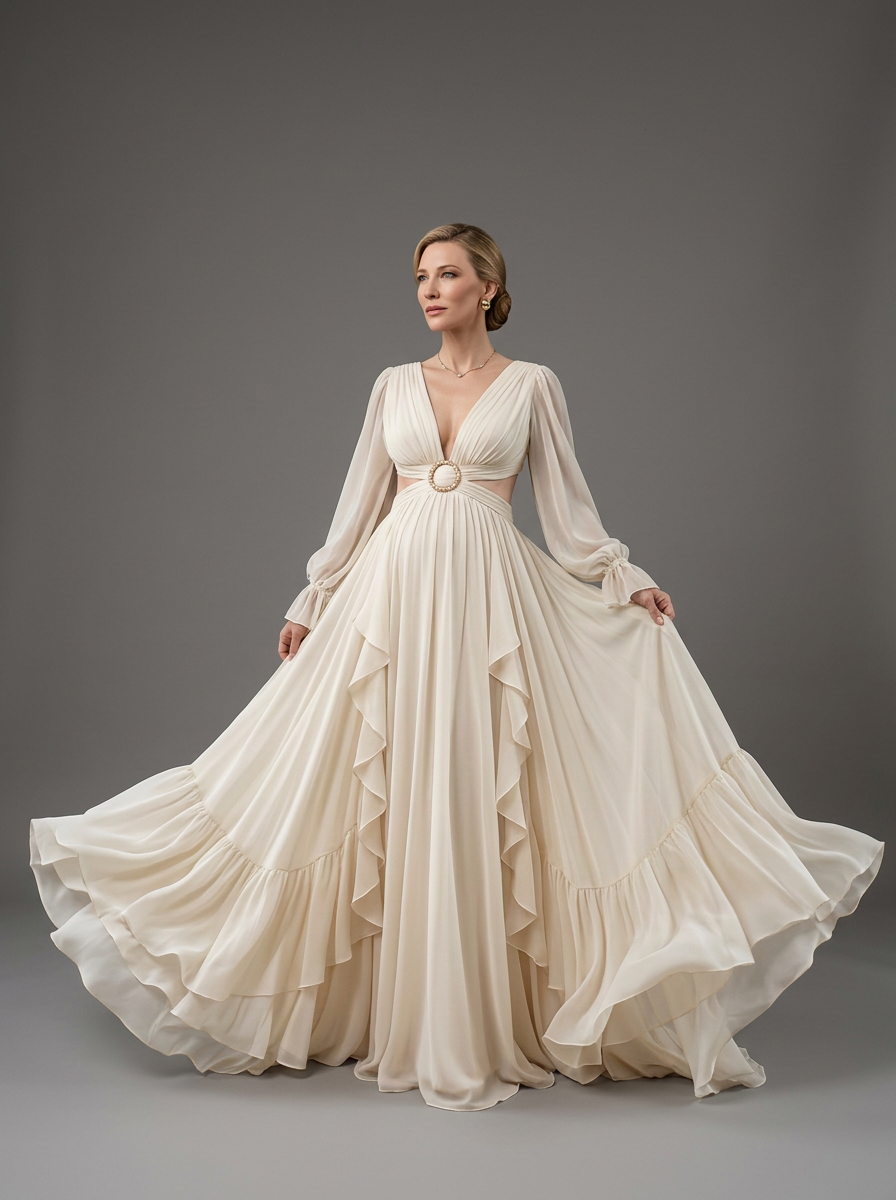 A woman models a long-sleeved cream chiffon gown with a deep V-neckline, a waist cutout, and a large ruffled skirt, set against a solid gray studio background.
