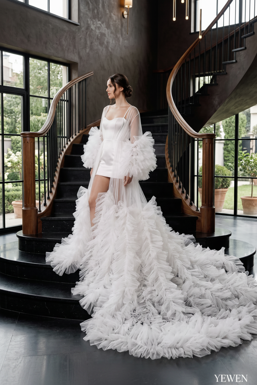 A woman wearing a dramatic white bridal gown with a fitted bodice, sheer draped sleeves, and a voluminous ruffled train, standing on a grand staircase in a modern interior with large windows and dark wood railings.