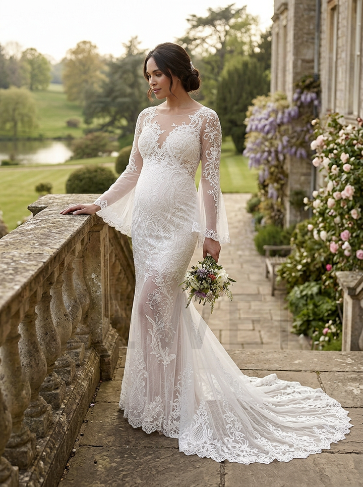 A bride in a white lace mermaid wedding gown with long sheer sleeves stands on a stone terrace by a garden building, holding a small bouquet.