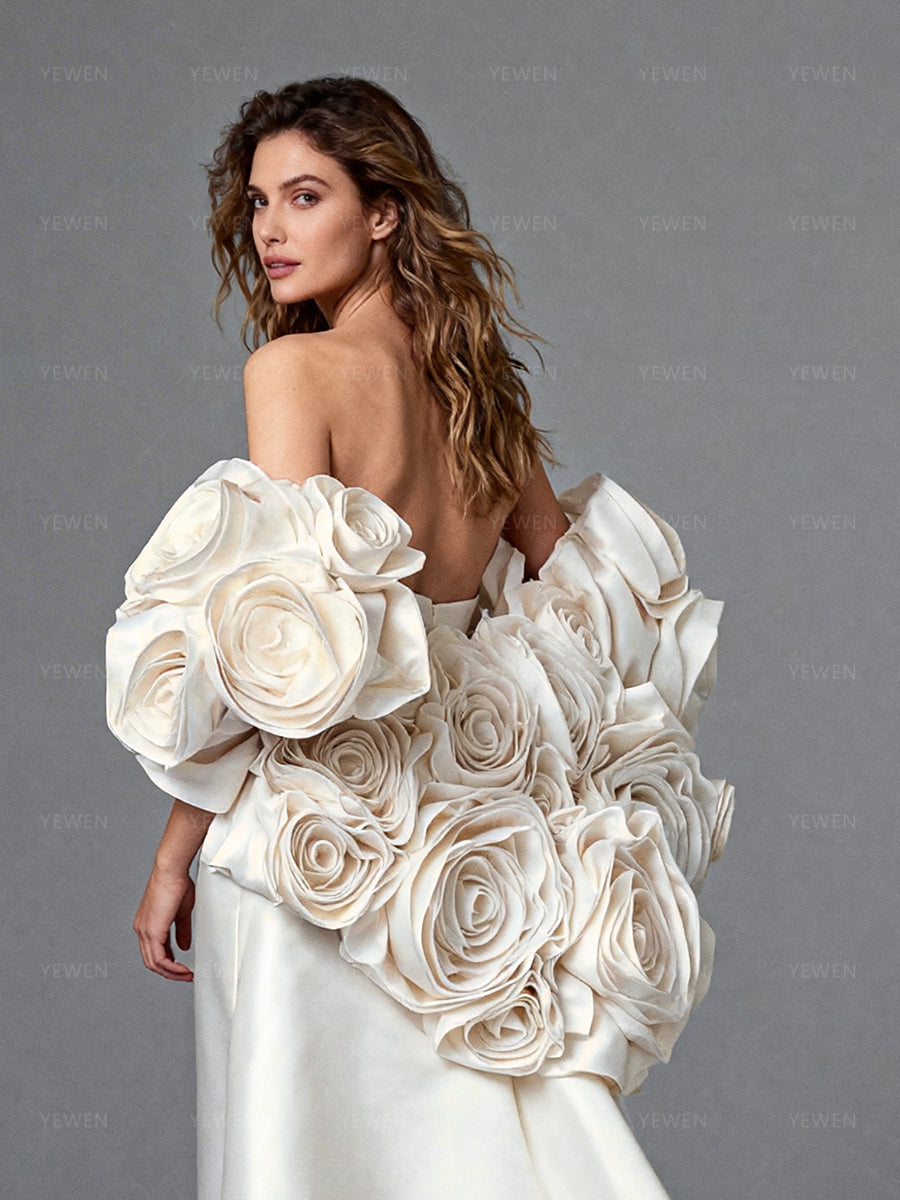 Elegant Women's Evening Dress Ivory Strapless Satin Wedding Bridesmaids Dress with 3D Floral Cape 16 / Ivory Color