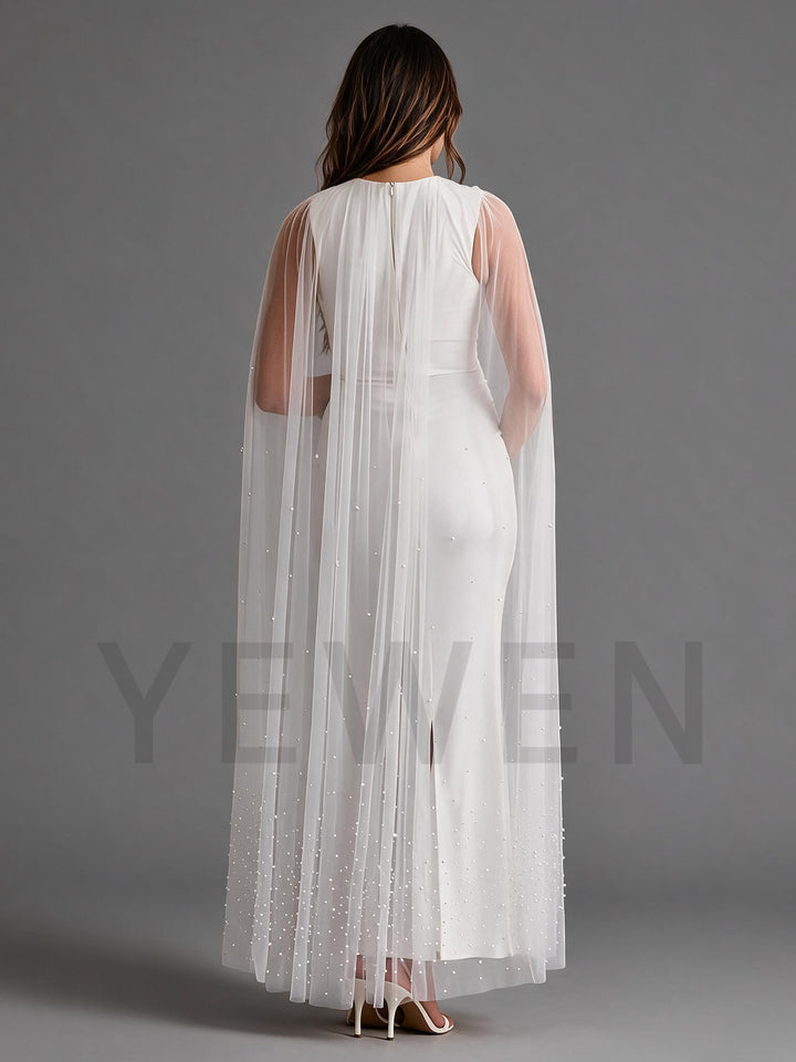 Elegant Crew Neck Fitted Maternity Gown with Pearl Detailed Cape