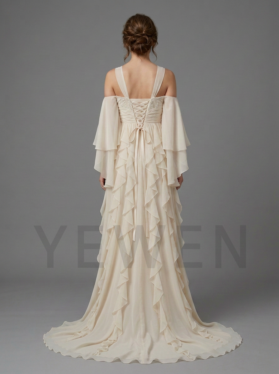An off-the-shoulder cream wedding dress with a lace-up back and tiered ruffle skirt, shown from the back on a model against a gray studio background.