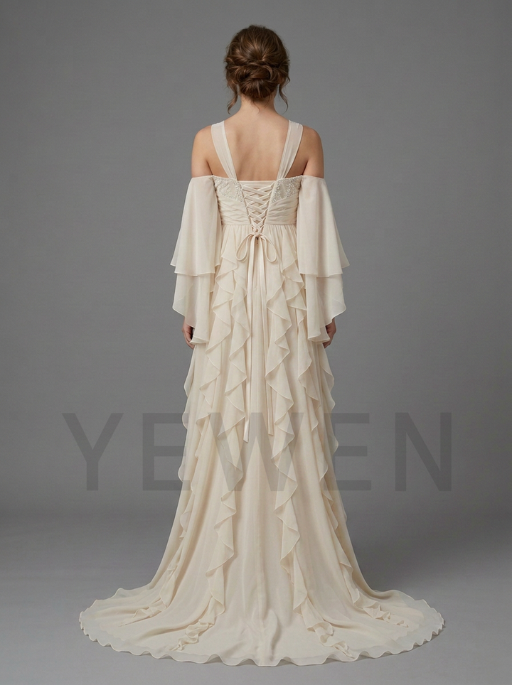 An off-the-shoulder cream wedding dress with a lace-up back and tiered ruffle skirt, shown from the back on a model against a gray studio background.