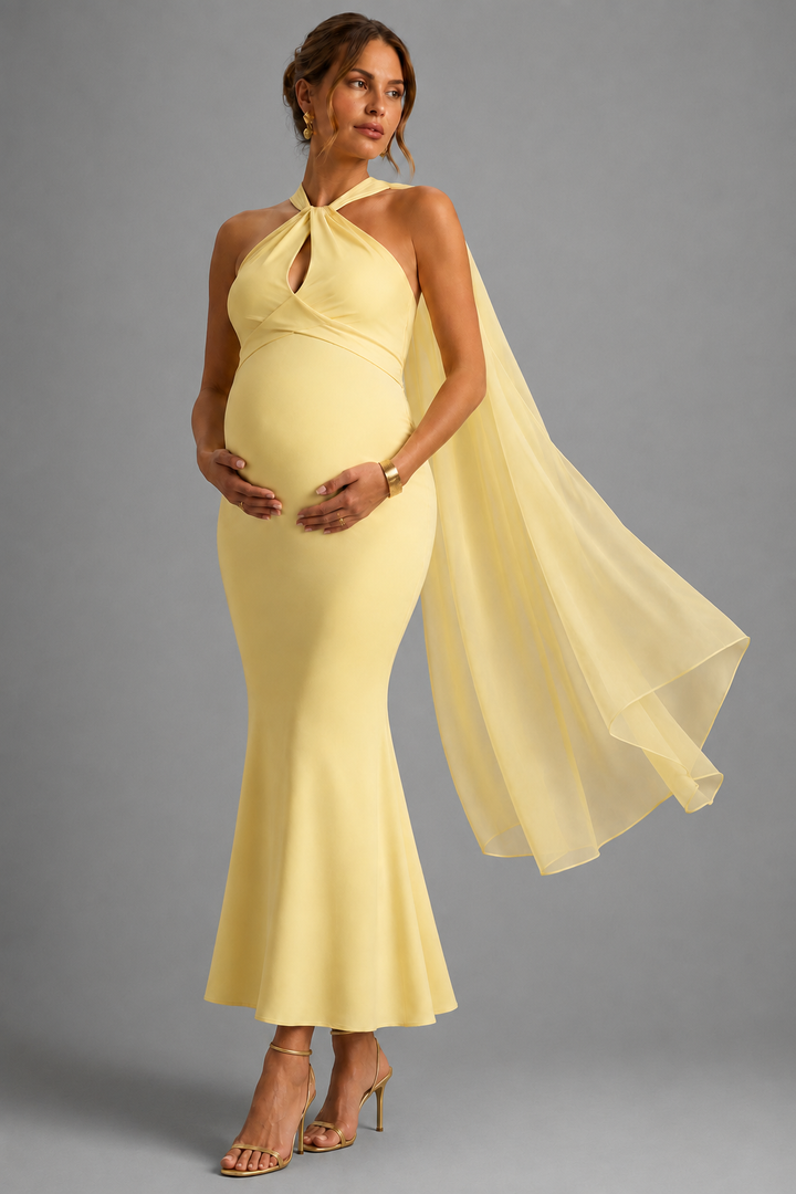 Yellow Halter-Neck Maternity Maxi Dress with Cape for Baby Shower L-26810
