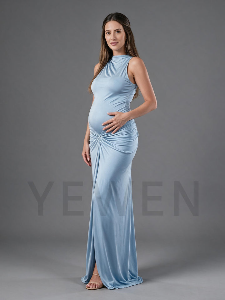 Side profile of a light blue sleeveless maternity dress with draped cowl neck and ruched detailing.