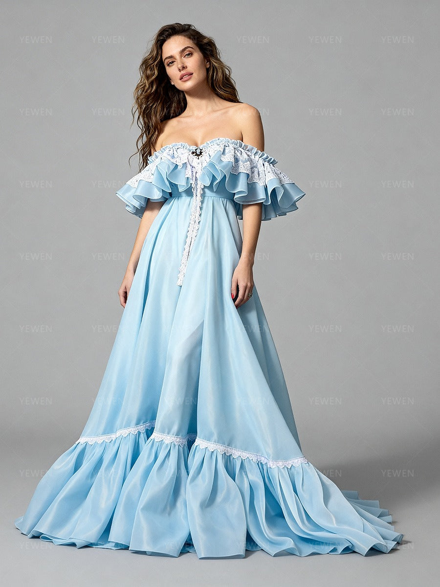 Light Blue Bespoke Dresses for Special Occasions Off Shoulder Dress 6 / Picture Color