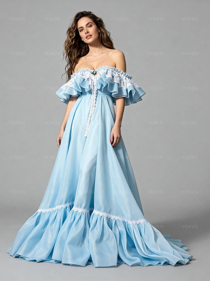 Light Blue Bespoke Dresses for Special Occasions Off Shoulder Dress 6 / Picture Color