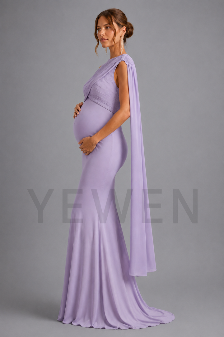 A pregnant woman modeling a lavender one-shoulder floor-length gown with a draped capelet, standing against a solid gray studio background. A faint 'YEWEN' brand watermark is visible across the lower portion of the image.
