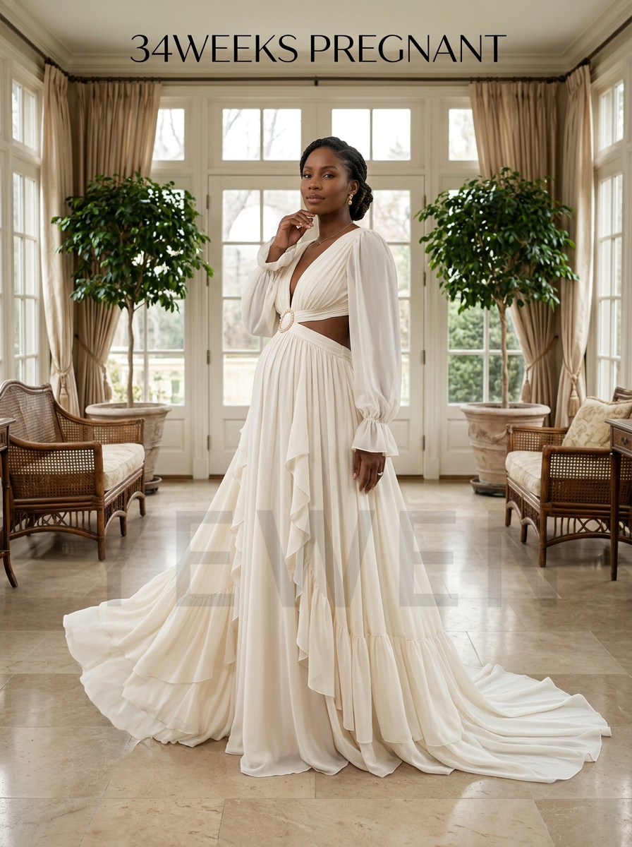 A pregnant model wearing a long-sleeve, off-white, tiered maternity gown with a cutout at the waist, standing in a bright, elegant room with large windows, potted plants, and wicker furniture. Text at the top reads '34WEEKS PREGNANT'.