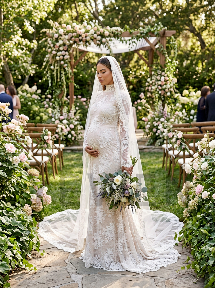 A pregnant bride in a white lace wedding gown with a long veil and bouquet stands outdoors on a stone aisle surrounded by greenery and floral arrangements.