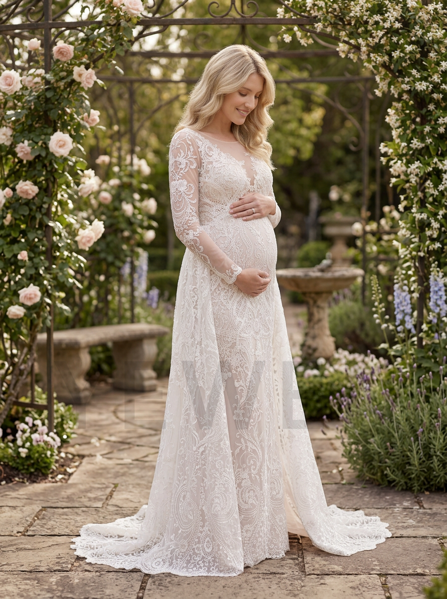 A pregnant woman wearing a long-sleeve lace maternity gown stands in a garden courtyard with rose arches and stone benches. The dress is ivory/cream lace with a fitted bodice and full flowing skirt with a train.