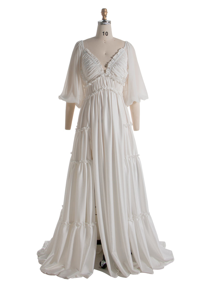 Front view of maternity baby shower dress for pregnancy photoshoot