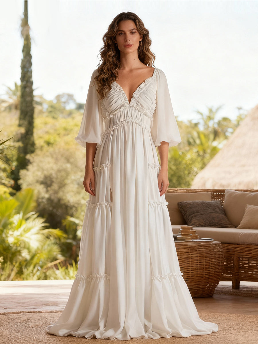 Silk satin maternity baby shower dress with elegant boho style
