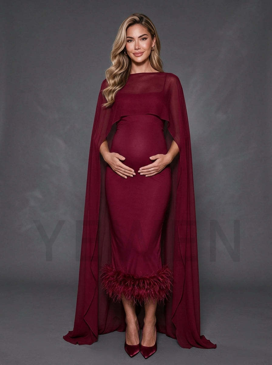 Front view of a burgundy high-stretch maternity baby shower gown with an ostrich feather cape.