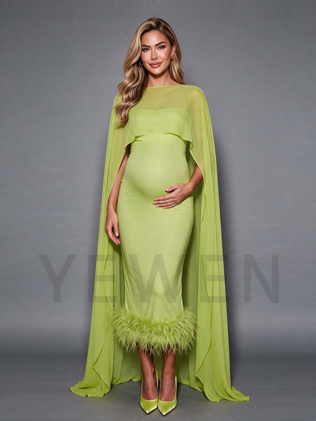 Green ostrich feather cape maternity baby shower gown, front view.