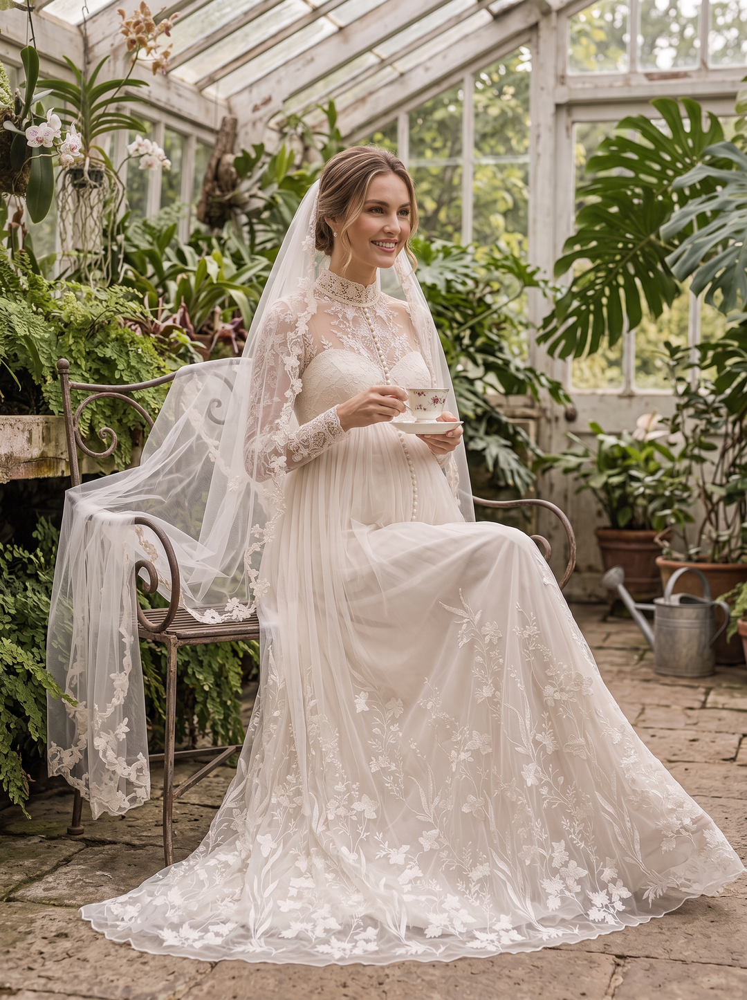 A woman wearing a long-sleeve lace wedding gown and matching veil sits on a bench inside a sunlit greenhouse, holding a teacup. The dress has floral lace applique and a full train, with surrounding green plants and glass house architecture visible.