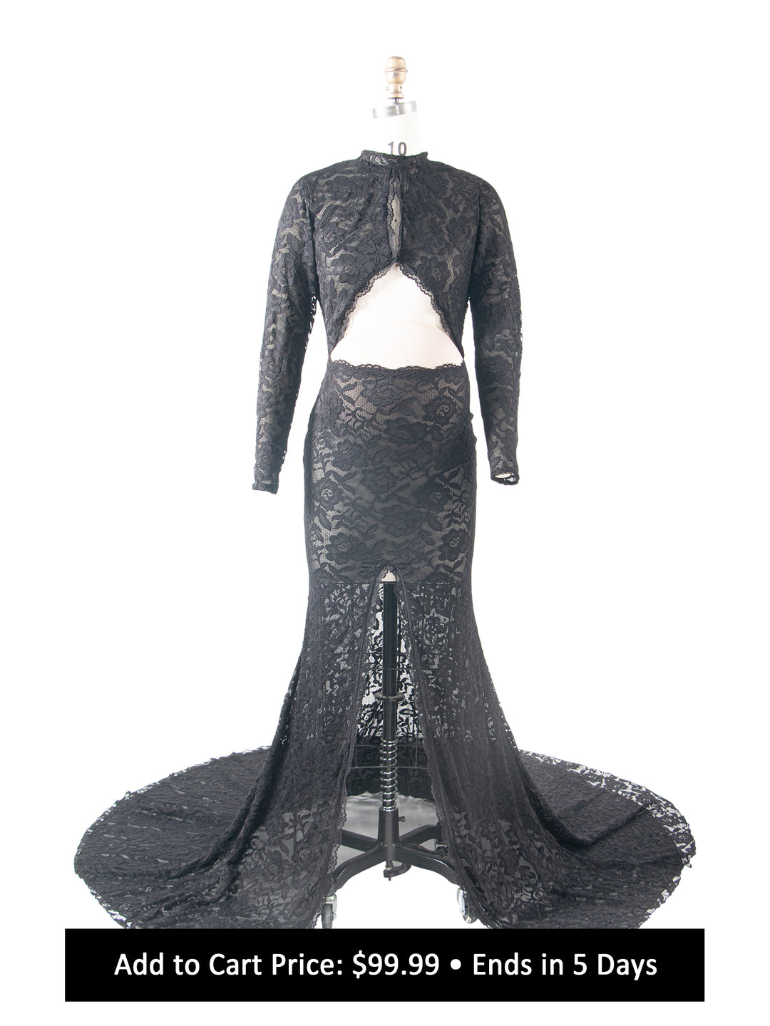 Front view of a black two-piece lace maternity mermaid gown with long sleeves and an open-back crop top, displayed on a mannequin with a white background.